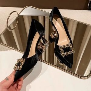 Diamond high -heeled shoes red side empty shoes